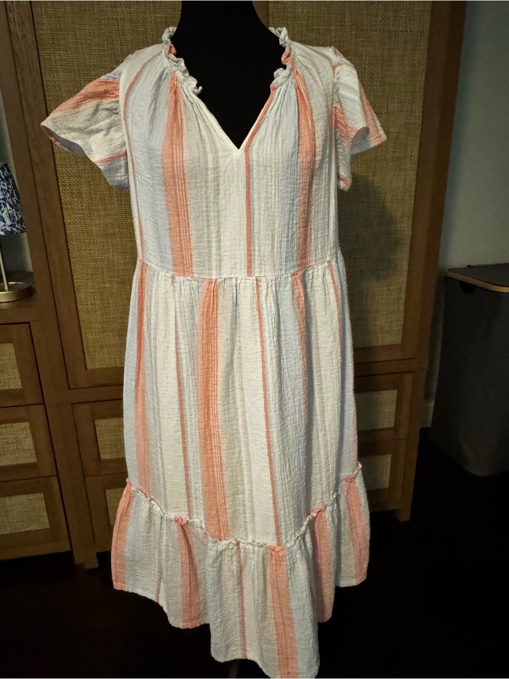 Wonderly White and Peach Striped Midi Dress